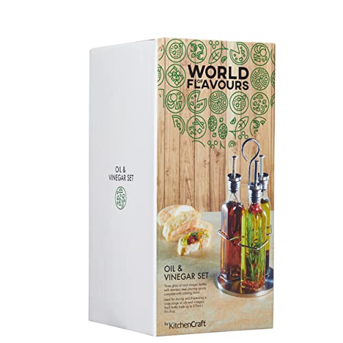 KitchenCraft World of Flavours, Oil and Vinegar Bottle Set with Stainless Steel Rack and Removable Cork, Oil Dispenser, Olive Oil Bottle and Vinegar Bottle Glass, 4 Piece Set - Image 2