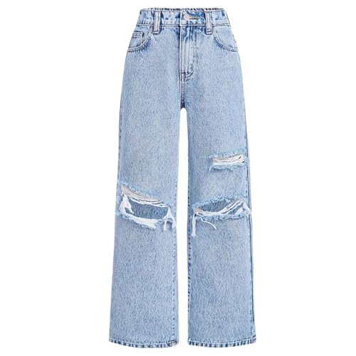 Girls Ripped Denim Jeans 7-12 Years Old Distressed Wide Leg Baggy Pants High Waisted Lightweight