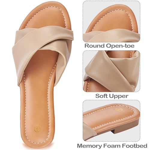 Image of Women's Flat Sandals Round Open Toe Comfortable Fashion Cute Ladies Slides Sandals Women Dressy Summer Flat Leather Casual Fashion Beach Shoes Size 6-11