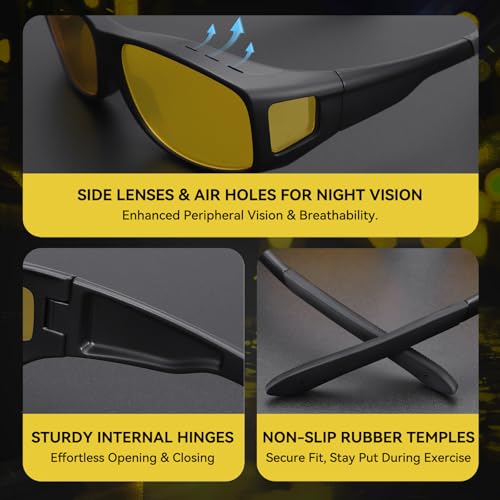 Night Vision Driving Glasses Fit Over Glasses for Men Women Anti Glare Polarized HD Night Time Glasses for Driving Yellow Len4