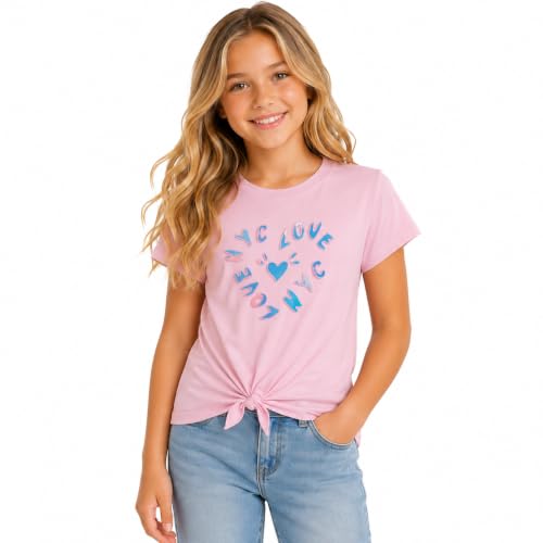 Image of DKNY Girls Shirts - Lightweight Cotton Blend Short Sleeve Crewneck Graphic Tee Cute Tops - Casual Trendy Girls Summer Clothes