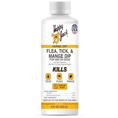 Happy Jack Kennel Dip Dog Flea and Tick Treatment & Prevention, Made in USA, Spray Yard & Home 30-Day Control, Kills Fleas, Ticks, Deer Ticks, Mange, Lice, for Puppies, Small to Large Dogs (8 oz)