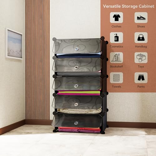 Image of AYSIS Almirah for Clothes,Plastic Soft Sheet Collapsible Wardrobe for Clothes for Kids Clothes /Toy /Book, Baby Cupboard for Clothes Storage in Bedroom, Almirah for Living Room (Black, 5-Shelf-5-Door)