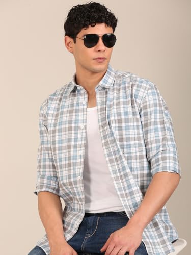 Image of Men's Cotton Melange Slim Fit Checked Shirt | Tartan Plaid | Spread Collar Full Sleeve | Casual Office Everyday Wear