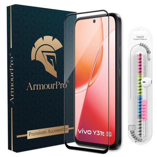 Image of ArmourPro Military-Grade Tempered Glass for Vivo Y31t 5G - 9H Anti Scratch, Edge-to-Edge Coverage, HD Clarity, Smooth Touch, Case Friendly, Easy Installation Kit with Cable Protector