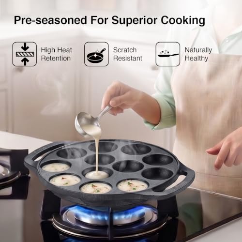 Image of Prestige Neocast Flo Smooth Finish Cast Iron Paniyarakkal /Appe Patra 12 Pits Black|Works On Gas & Induction|Retains Heat for Long|Heavy Gauge