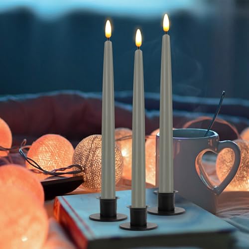 Image of CVHOMEDECO. Flameless Taper Candles with 10-Key Remote, Battery Operated Led Flickering 3D Wick Window Candles Real Wax Finished Home Christmas Party Decor 0.78 x 11 Inch, Pack of 3, Grey