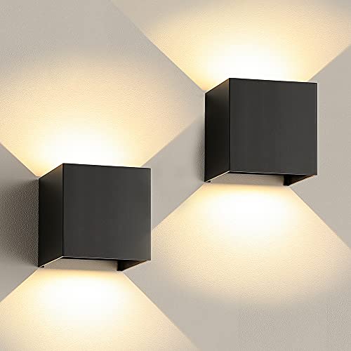 Image of 12W LED Wall Sconces Lights Modern Black LED Wall Lamp Set of 2,Up and Down Square 3000K Warm White Wall Lighting Fixtures for Indoor /Outdoor,Living Room,Bedroom,Hallway 3.94in*(2 Pack)