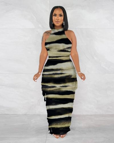 Image of 2 Piece Outfits for Women Sexy Halter Neck Sleeveless Crop Tops Ruched Bodycon Dresses Jumpsuits Fringe Skirt Sets