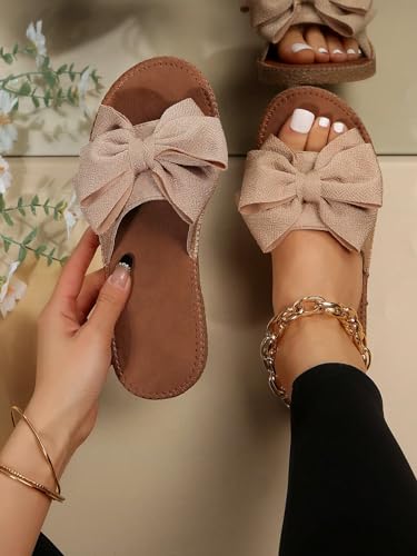 Image of GORGLITTER Women's Gold Sandals Dressy Cute Summer 2026 Bow Square Toe Trendy Beach Boho Wedding Vacation Slides Shoes