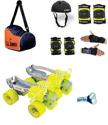 JJ Jonex Gold Adjustable Skates Combo (Black PVC Helmet+Knee pad+Elbow pad +Gloves + Key+Bag) (MYC) (Large (Age 11 Above Year)) (B09GPPD8C7) Amazon Price History, Amazon Price Tracker