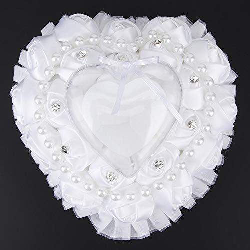 Wedding Ring Pillow, Heart-Shaped Ring Pillow Cushion Box with Ribbon Pearl Wedding Ceremony for Wedding Supplies Gift, 17x16cm - Thumbnail 2