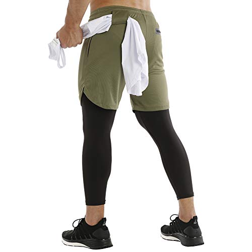 MECH-ENG Men's Running Training 2 in 1 Compression Tights Pants Shorts Workout Gym Legging(Army Green L/Tag 2XL)