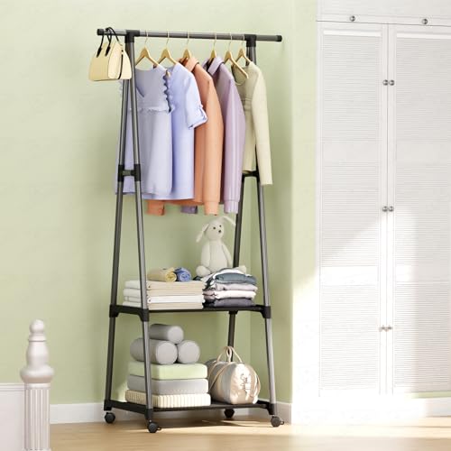 Image of Lukzer A-Shape MGR-010 /Grey Garment Rack with 2 Bottom Shelves | Multipurpose Coat Hanger & Clothes Organizer Stand | Space Saving Clothing Display for Bedroom, Entryway, Living Room (160x55x42cm)