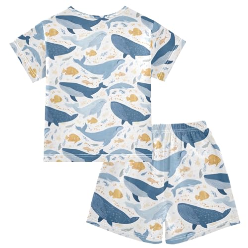 Blue Killer Whale Pattern Summer Cute Pajama Sets, Short Sets for Daily Wears and Sleep Wears2