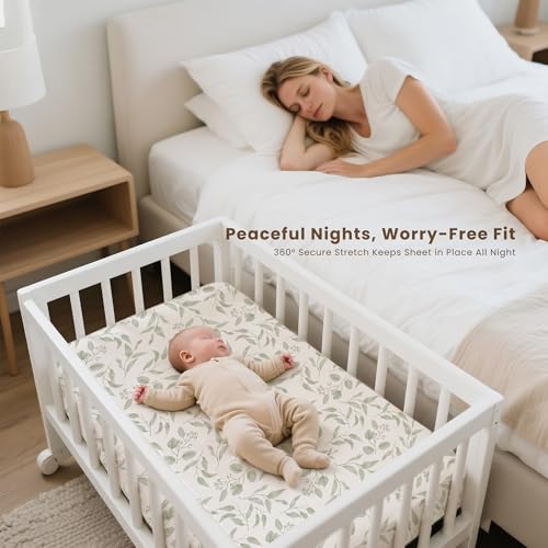 Image of Konssy 3 Pack Stretchy Bassinet Sheets for Baby Girl Boy, Soft Breathable Baby Bassinet Mattress Sheets Fit for Hourglass Oval Cradle, Moses Basket Rectangle Mattress (Green Leaves)