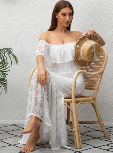 Image of HOYISHION Women's Off The Shoulder Floral Lace Maxi Dress White Bridesmaid Wedding Party Maternity Photoshoot Long Dresses