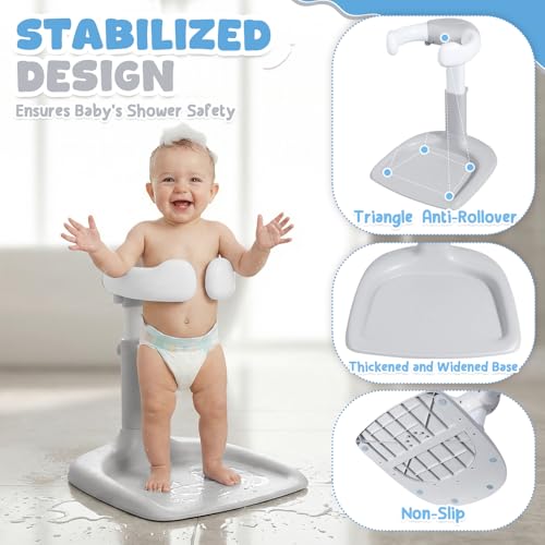 Image of Orzbow Baby Bath Stand, Adjustable Height Baby Shower Stand, Toddler Shower Standing Support with Non-Slip Base for Infant 6-36 Months, Easy-Use, Ideal Gift, Gray
