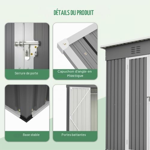 Abri de jardin en métal 242 x 126 x 182 cm – Armoire de jardin résistante aux intempéries avec porte verrouillable, toit incliné et ventilation – Cadre de base pour jardin, terrasse, vélo et