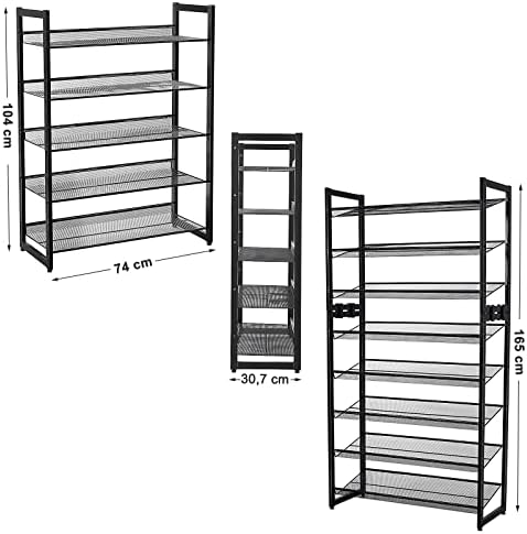 SONGMICS 5 Tier Metal Mesh Shoe Rack with Flat Angled Shelves, Large Stackable and Adjustable Boots Storage Organiser in Hallway Closet LMR005B, Black
