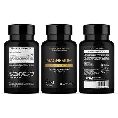 Magnesio Dimalato 300mg Puro ELLYM NUTRITION 60 Cápsulas Formação de Ossos Metabolismo Energético Ma