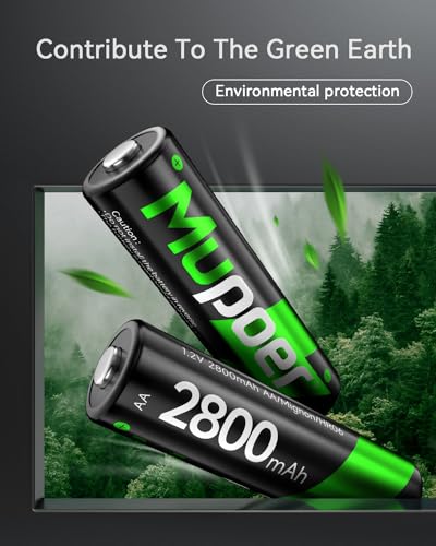 Image of Mupoer Rechargeable AA Batteries 4 Pack, Ni-MH 2800mAh High Capacity 2A Battery, 1.2V Double A Low Self Discharge Batteries