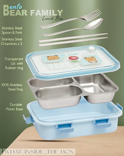 Image of Brand Conquer Lunch Box Leak-Proof BPA Free Stainless Steel for School, Lunch Box for School & Office with a Fork, a Spoon and a Pair of Chopsticks (Blue, Bear Family 3 Compartment)