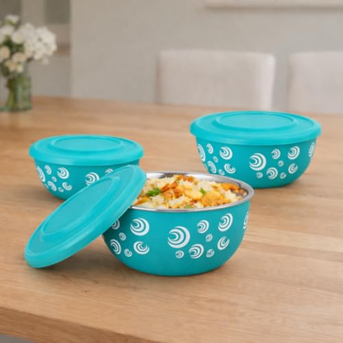 Image of Microwave Safe Stainless Steel Food Storage Container with Lid | Euro Mixing Bowl Set for Kitchen | 500ml, 800ml, 1250ml | Pack of 3(Classic Turq. Spiral)