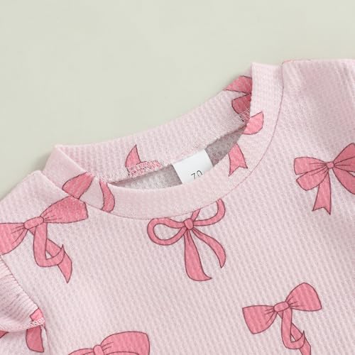 NZNDSHD Toddler Baby Girl Clothes Summer Bow Print Short Sleeve T-Shirt Tops Pockets Shorts Set Waffle Knit Outfit4