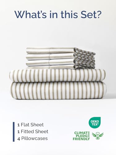 Image of Extra Deep Cal King Sheet Set - 6 Piece Cooling Bed Sheets - Beige Stripes | Hotel Luxury Bed Sheets Set, Easy & Secure Fit, Ultra-Soft, Wrinkle & Fade Free, Comfy Sheets Set with Extra Deep Pockets