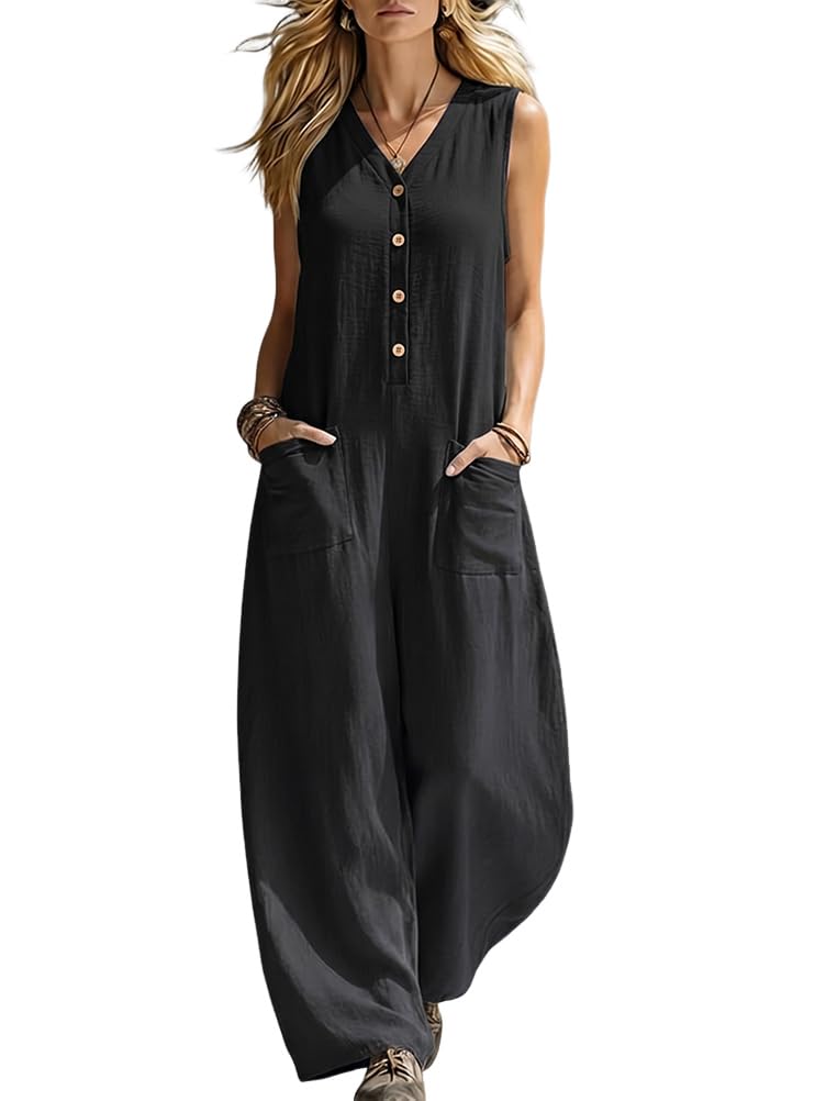 Onsoyours Combinaison Femme Ete Elegante Overall Coton Lin Sans Manche Col V Jambe Large Playsuit Casual Loose Jumpsuit De Travail Plage Soirée Romper Avec Poche