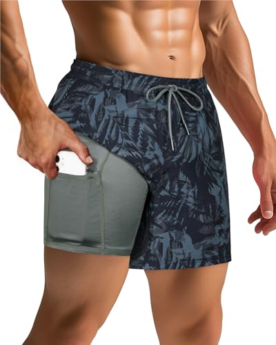 SURF CUZ Mens Swim Trunks with Compression Liner 5" Swim Shorts Quick Dry Bathing Suit Swimming Trunks Zipper Pockets3