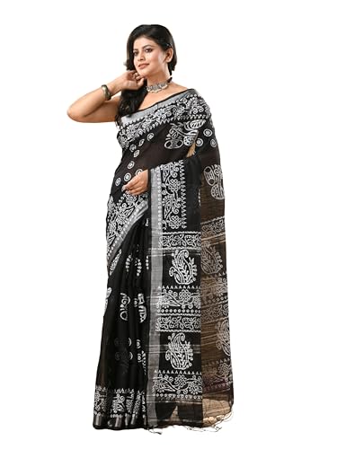Image of WoodenTant Women's Linen Slab Cotton Blend Block Print Saree with Blouse Piece | Traditional Soft Saree (6.5m Length, 1.2m Width)