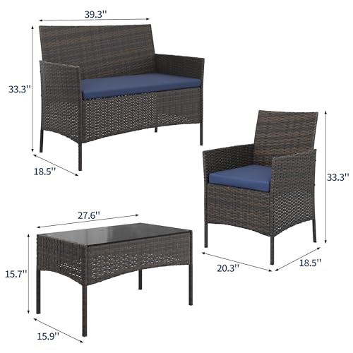 Image of GAOMON 4-Piece Patio Furniture Set, Modern PE Rattan Conversation Set with 2 Chairs, Loveseat & Tempered Glass Coffee Table, All-Weather Outdoor Seating for Garden, Porch, Balcony, Poolside