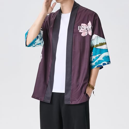 Image of PRIJOUHE Men's Lightweight Kimono Jacket Seven Sleeve Open Front Cardigan Coat Japanese Style Bathrobe