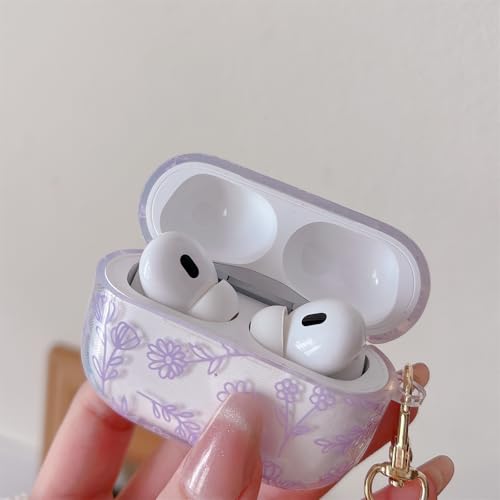 Image of MINSCOSE Compatible with AirPods Pro2 Clear Case,Cute Flower Floral Aesthetic Design with Flowers Keychain, Soft TPU Protective Shockproof Case for Women Girl for Airpods Pro2-Purple