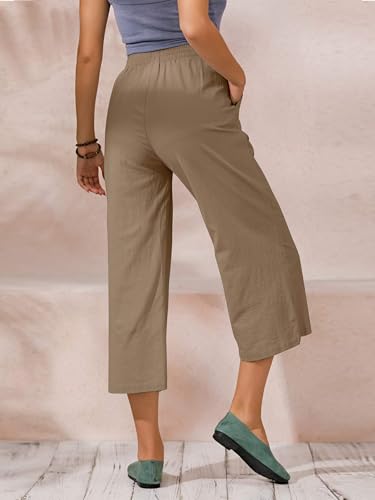 Image of ECUPPER Womens Cotton Cropped Pants Loose Fit Wide Leg Trousers | Casual, Plus Size, Elastic Waist, Capri, 100% Cotton, Slant Pockets, High Rise Waist, Lounge Pants