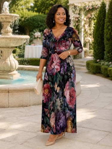 Image of SUZONANA Plus Size Dresses for Women Floral Print Maxi Dress Flowy 3 /4 Sleeve with Belt