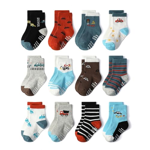 HaimoBurg 12 Paia di Calze Antiscivolo in Cotone Traspirante per Bambini da 1 a 5 Anni,Calzini Bambino Bambina Neonato