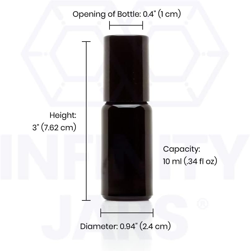 Infinity Jars Black Ultraviolet Glass Bottle 10 Ml (.34 fl oz) w/Steel Ball Roll on Tip Screw top Bottle for Essential oil, Perfume Sample Bottles Cosmetic Containers Roller Bottles w/Black Cap 3-Pack
