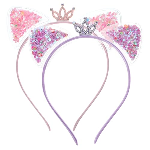 Lot de 2 serre-têtes oreilles de chat couronne bandeau paillettes Halloween pour filles et femmes (rose)