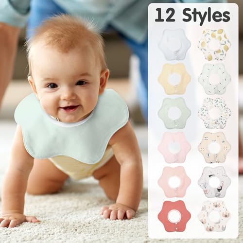 Image of JaGely 12 Pack 360 Rotate Cotton Baby Bibs Soft Absorbent Newborn Drooling Bib for Teething and Feeding, Unisex Toddler Baby Bibs Waterproof Snap Cotton Infant Drool Burp Cloth for Infant 0-12 Months