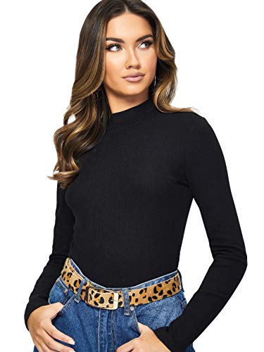WDIRARA Women's Elegant Long Sleeve Mock Neck Solid Rib-Knit Slim Top Black S