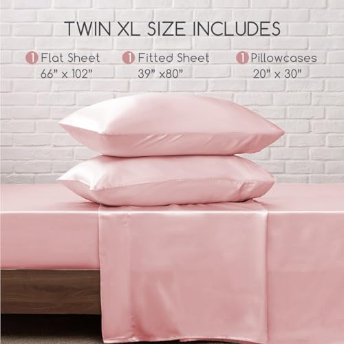 Image of MR&HM Satin Bed Sheets, Twin XL Size Sheets Set, 3 Pcs Silky Bedding Set with 15 Inches Deep Pocket for Mattress (Twin XL, Light Pink)
