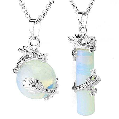 BEADNOVA 2pcs Dragon Wrapped Round Ball Cylinder Gemstone Necklace Crystal Healing Couple Pendant Necklaces Set
