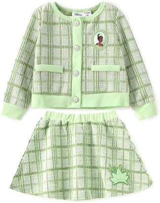 Disney Frozen Elsa Stitch Princess Moana Minnie Toddler Girl 2 Piece Outfit Kid Pearl Button Knit Top & Tweed Skirt Set 2-13Y