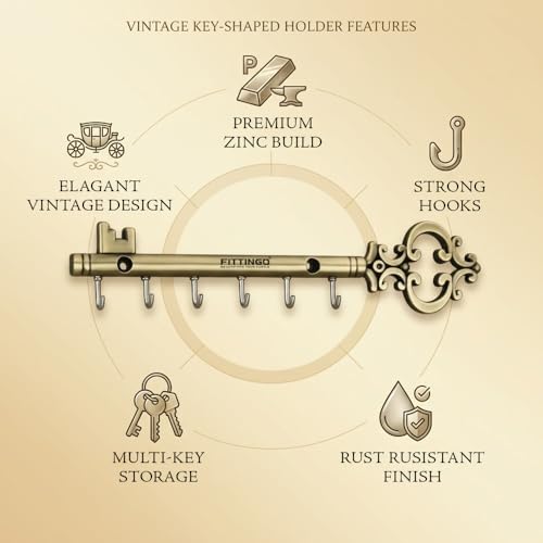 Image of Royal Chavi Key Holder for Wall, Brass Antique Chabi Shape Key Stand with 6 Hooks, Metal Wall Mount Key Hanger, Decorative Key Rack for Home Entrance Living Room, Housewarming Gift 23x5 cm