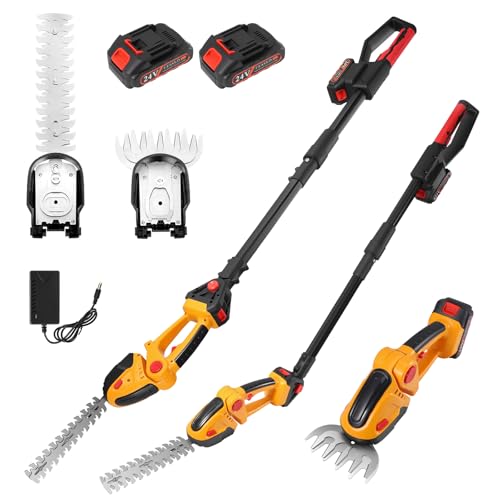 Neulriscn 2 in 1 Cordless Pole Hedge Trimmer & Grass Shear, 24V Electric Grass Trimmer Hedge Cutter with 2 x Batteries and Charger, Long Reach Extension Pole for Tree Trimming, 90° Adjustable Head