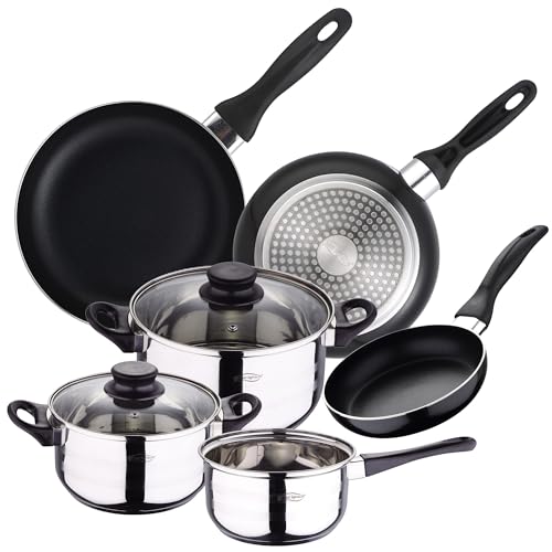 San Ignacio Premium - Batería de cocina de 3 piezas (1.6L, 2.3L, 3.3L) y Set de 3 sartenes (16-20-24 cm), aluminio prensado antiadherente, apto para todo tipo de cocinas incluido inducción, PK669