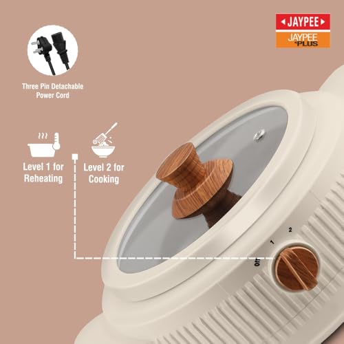 Image of Jaypee Plus Electric CookSmart Casserole with Teflon NonStick Coating Bowl for Reheating & Cooking, Serving Casserole Wooden Finish Lid & Regulator Knob Toughened Glass Lid, 1500 ml, Ivory